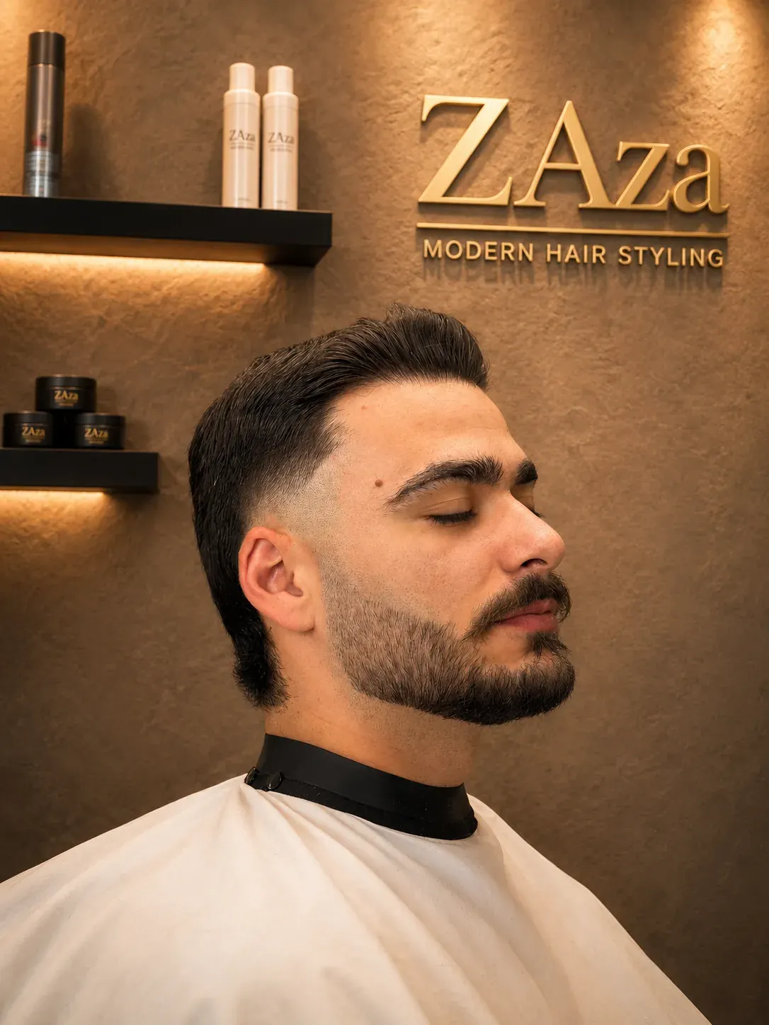 Mid Fade mit Bart und Volumen, gestylt mit Matt Cream