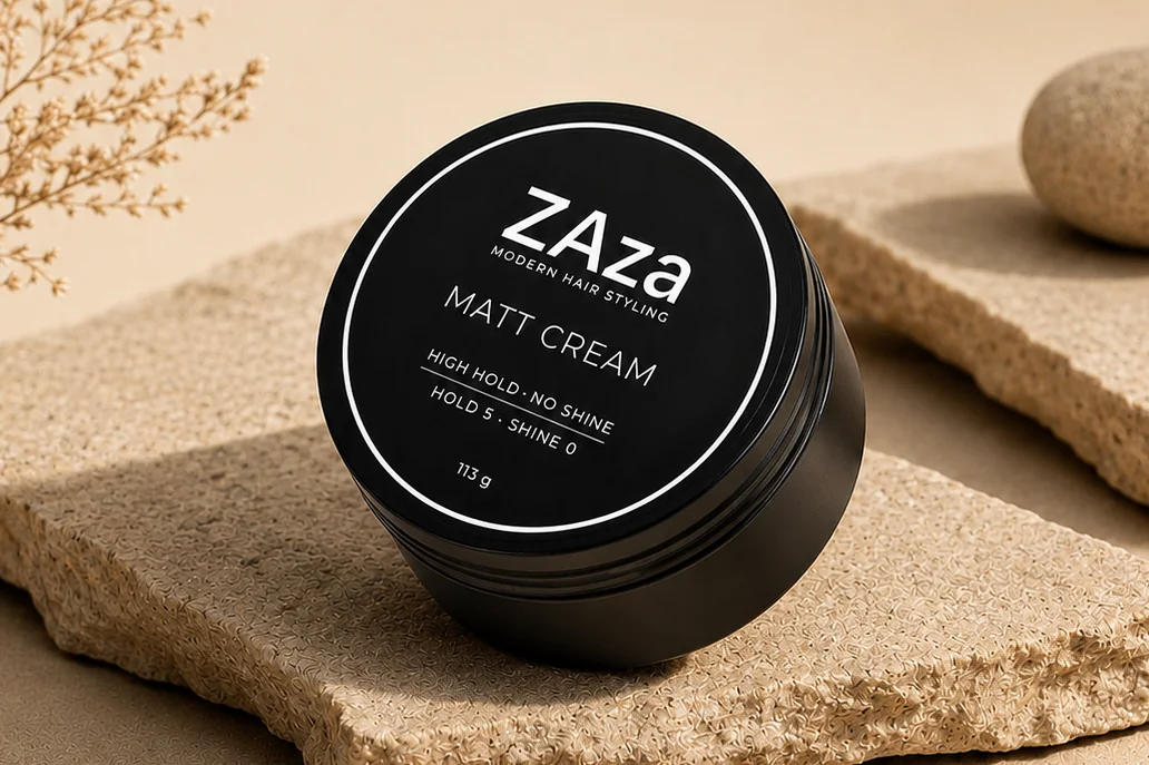 ZAza Matt Cream — schwarzer Tiegel auf hellem Stein
