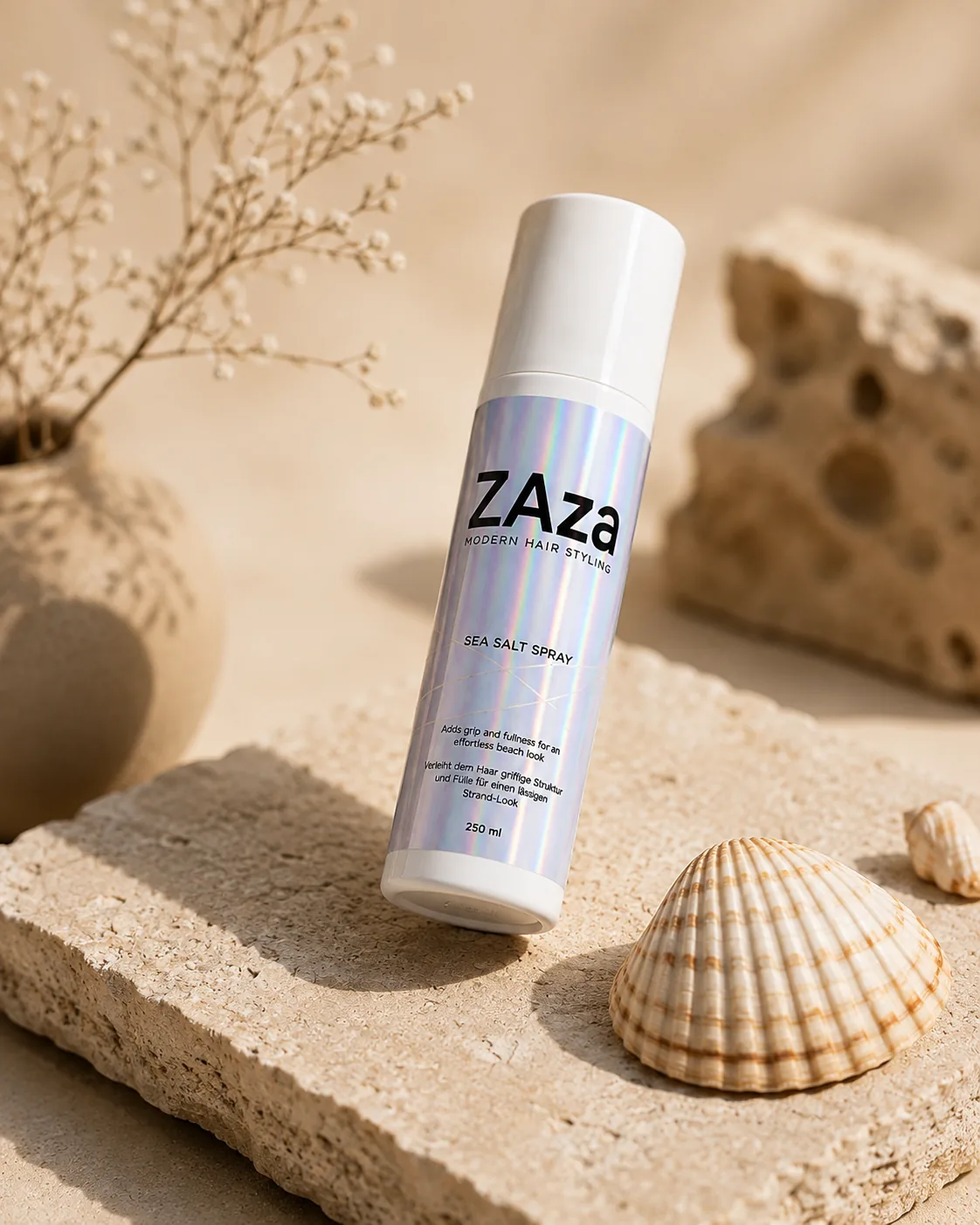 ZAza Sea Salt Spray — weiße Flasche mit holografischem Etikett
