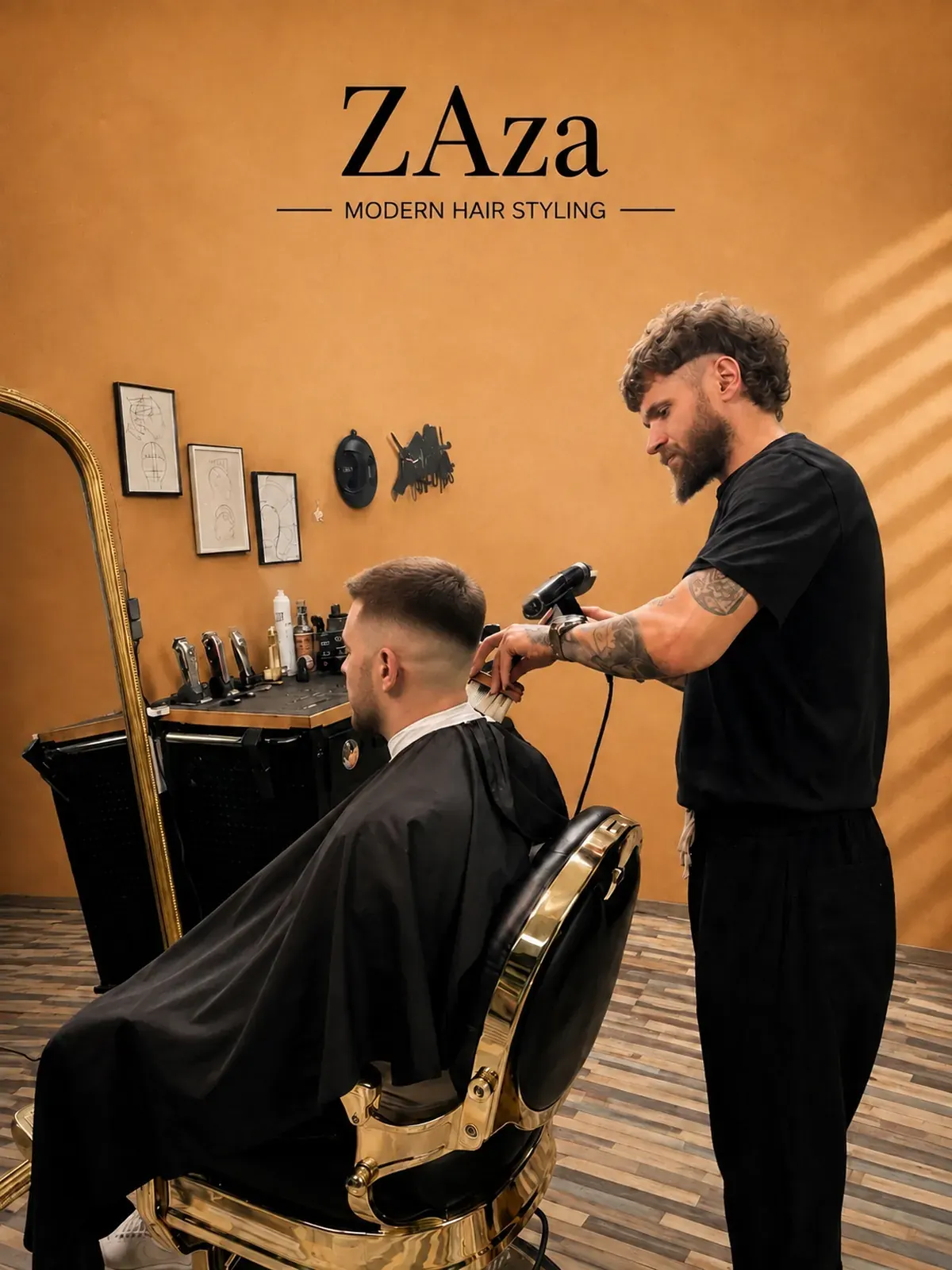 Zaza arbeitet mit der Haarschneidemaschine am Nacken eines Kunden im ZAza Studio