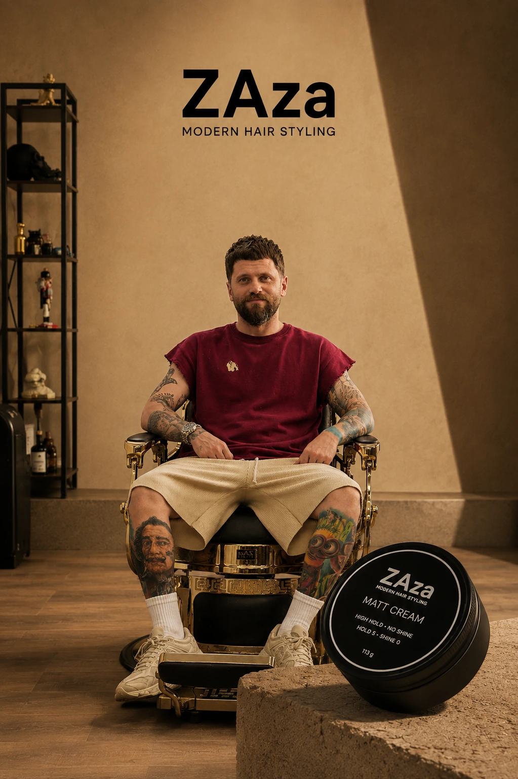 Zaza im goldenen Barberstuhl seines Studios, davor die Matt Cream
